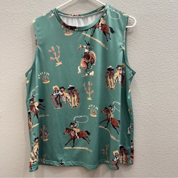 Cowboy Print Sleeveless Top - Green Womens XL Western Horses Cactus - Picture 1 of 5